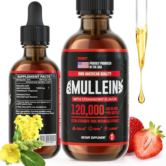 HERBIFY Mullein Drops - Lung Cleanse - Leaf Extract - Powerful Mullein for Immune Support, Detox & Respiratory Support - Made in USA - 4 Oz Strawberry Flavor