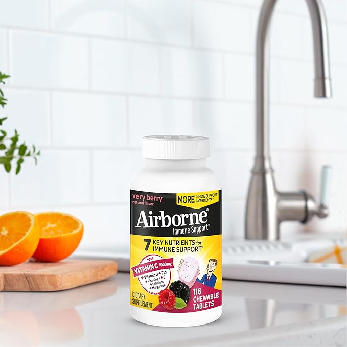 Airborne Vitamin C 1000mg (per Serving) - Very Berry Chewable Tablets (116 Count in a Bottle), Gluten-Free Immune Support Supplement, with Vitamins A C E, Zinc, Selenium, Ginger, Antioxidants