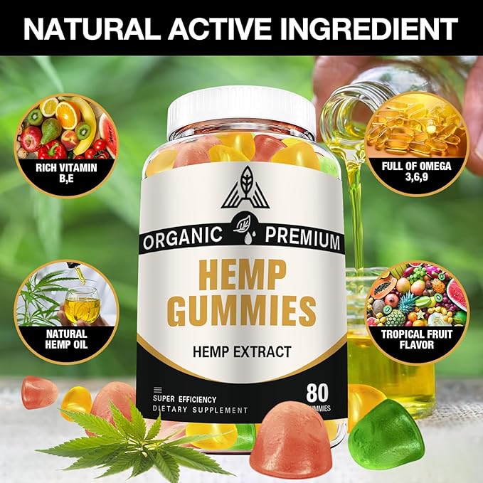 Hemp Gummies Extra Strength High Potency - 100% Natural Organic with Pure Hemp Oil Extract for Sleep, Pain, Anxiety Relief - Vegan Bear Candy Hemp Supplements for Adults (2 Pack)