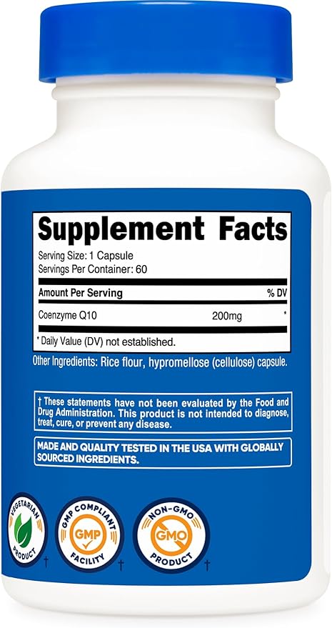 Nutricost CoQ10 200mg, 60 Vegetarian Capsules, 60 Servings - High Absorption, Vegetarian, Non-GMO, Coenzyme Q10