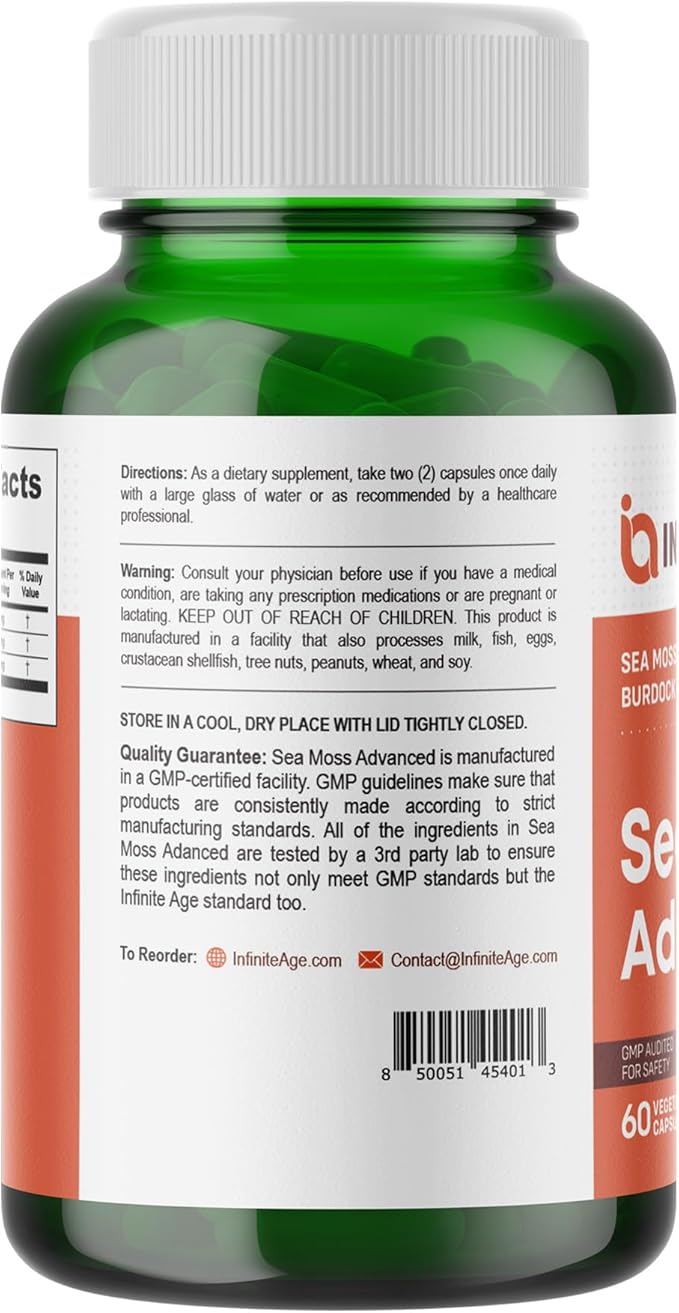 INFINITE AGE 2 Pack of 1250mg Sea Moss Advanced Superfood Capsules, 120 Count - High-Potency, Vegan, Made in The USA - Irish Seamoss, Bladderwrack, Burdock Root - Overall Health, Immunity Support