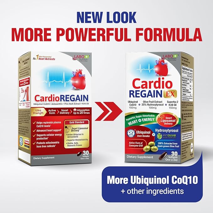 LABO Nutrition CardioREGAIN EX – Ubiquinol CoQ10 Supplement with Kaneka QH 150mg, Olive Fruit Extract (25% Hydroxytyrosol), Krill Oil – Heart, Cellular Energy, Liposomal Absorption, Non-GMO, Soy-Free
