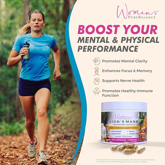 Women's PureBalance Lion's Mane Mushroom Supplement Capsules with Reishi, Cordyceps, Turkey Tail – Brain Nootropic for Memory, Focus, Natural Energy, & Immune Support, Non-GMO (120 Capsules)