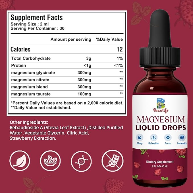 Magnesium Liquid Drop, 1000mg Magnesium Supplement,with Magnesium Glycinate & Citrate, Strawberry Flavor, Calm Mood, Sleep ,Relaxation, Immune, Heart for Adults and Kids
