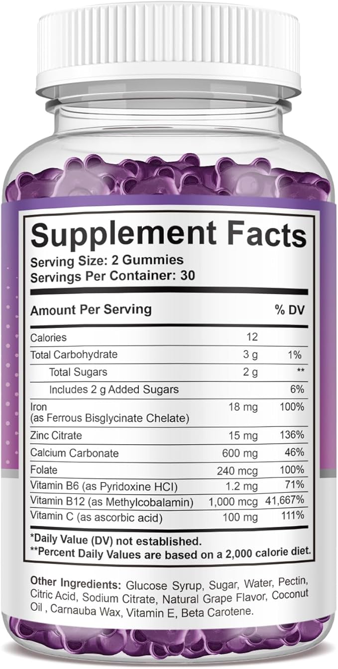 Iron Gummies - with Calcium, Zinc, Folate & Vitamin B12, C, B6 for Adults & Kids - Blood Builder & Energy Support for Iron Deficiency, Anemia, Vegan - 2 Pack Grape Flavour,60 Gummies