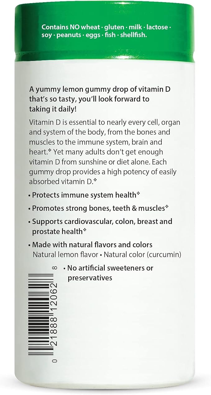 Rainbow Light - Sunny Gummies Vitamin D3 1000 IU, Support for Healthy Bones, Muscles, and Immunity in a Family-Friendly Chewable with Vitamin D3, Soy-Free, Gluten-Free, Sour Lemon, 50 Gummy Drops