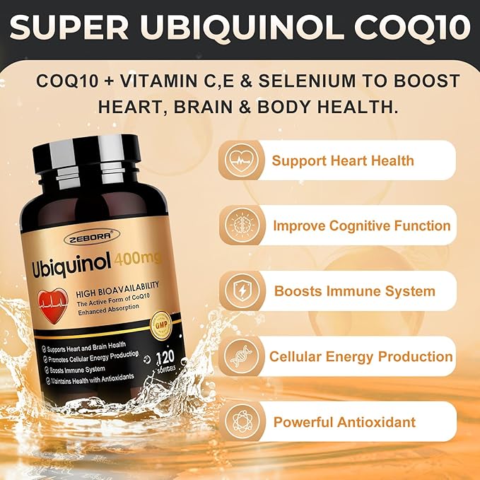 ZEBORA Ubiquinol CoQ10 400mg Softgels with Vitamin C & Vitamin E & Selenium, Max-Absorption, 4-in-1 Powerful Antioxidant, Supports Heart Health & Energy-Production,120 Softgels