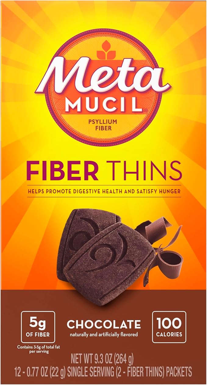 Metamucil, Fiber Thins, Daily Psyllium Husk Fiber Supplement, Supports Digestive Health and Satisfies Hunger, Chocolate Flavor, 48 Total Servings (4 Packs of 12)