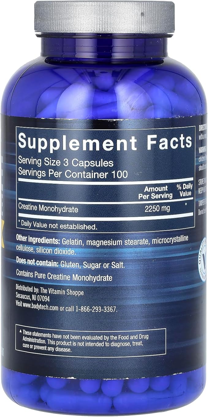 BodyTech 100 Pure Creatine Monohydrate 2250 MG Supports Muscle Strength Mass, 100 Servings (300 Capsules)