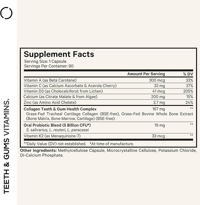 Codeage Teeth & Gums Vitamins + Oral Probiotics Supplement for Mouth - Whole Food Calcium, Collagen, Potassium, Vitamin C, D3, K2, Zinc – Oral Care & Dental Multivitamin Supplements - 90 Capsules