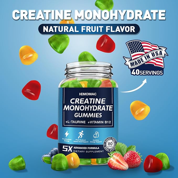 Creatine Monohydrate Gummies 5g for Men & Women, 160 Count Creatine Gummies for Muscle Strength, L-Taurine, Vitamin B12, Energy Boost, Workout Supplement, 2 Pack