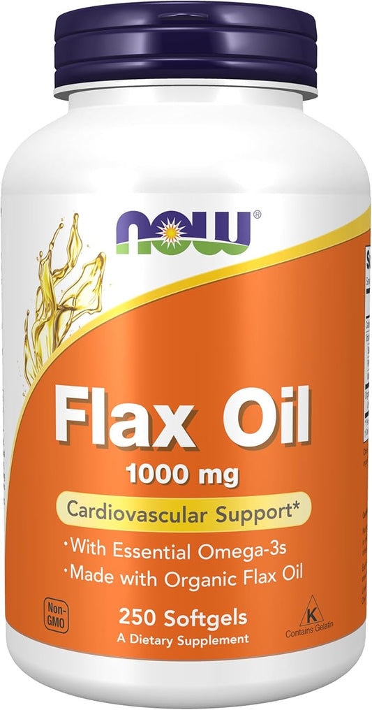 NOW Foods Supplements, Flax Oil 1,000 mg made with Organic Flax Oil, Cardiovascular Support*, 250 Softgels