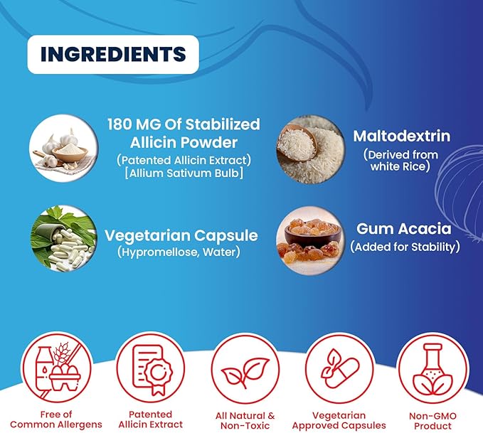 Potent Allicin Odor Controlled Garlic Supplement by Mega Allicin|180,000mcg (180mg) Veggie Capsules with Immune Support, Gluten-Free (90 Count)