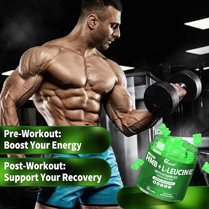 (2 Pack) HMB & L-Leucine Gummies 3000mg - with Vitamin D3 for Muscle Recovery, Energy, Endurance & Muscle Mass Increase - for Men & Women - Non-GMO, Vegan, Gluten-Free, Apple Flavor - 120 Gummies