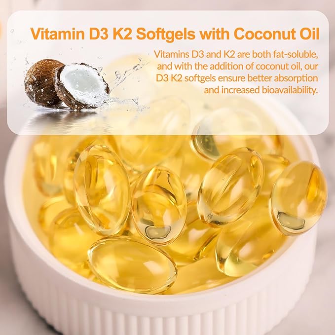 D3 K2 Vitamin 10000 IU Softgels, D3 K2 Supplement with Coconut Oil for Bone, Teeth Health, Support Muscle & Heart Health, 90 Count