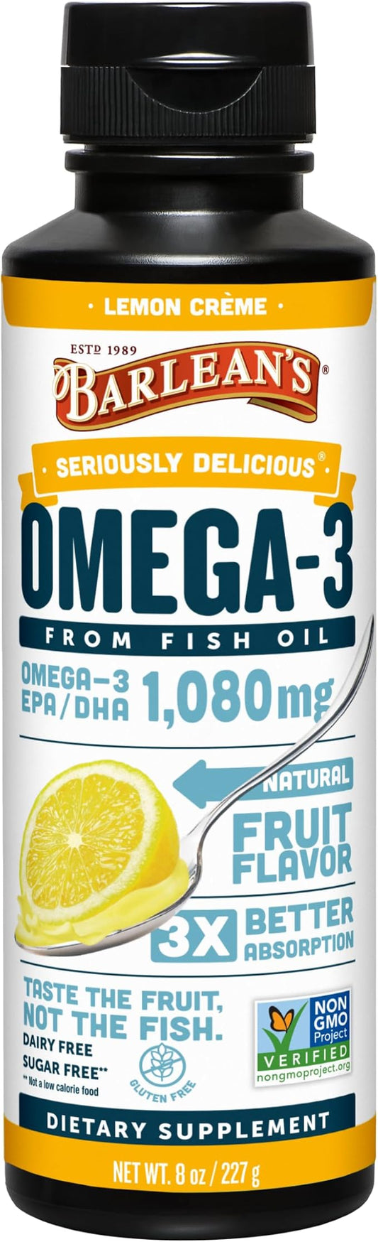 Barlean's Lemon Crème Omega 3 Fish Oil Liquid Supplement, 1080mg of Omega 3 EPA & DHA Fatty Acid, Smoothie Flavored & Burpless for Brain, Joint, & Heart Health, 8 oz