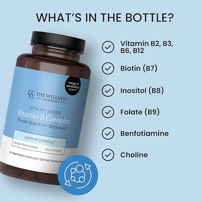 The Wellness Company Vitamin B Complex | 30 Capsules (1 Month Supply) | with B1, B2, B3, B5, B6, B7, B9, B12, and Inositol | Non-GMO, Gluten-Free | Supports Energy Production and Metabolic Health