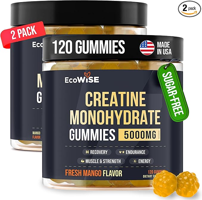 2 Pack Creatine Monohydrate Gummies 5000 mg, Fresh Mango Flavor, 120 Sugar-Free Vegan Chews, Creatine Supplement for Daily Routine