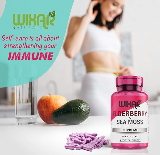 Elderberry and Sea Moss Supreme Capsules - Natural Black Elderberries with Wildcrafted Sea Moss Pills - 90 Capsules - Antioxidants - Herbal Supplements - Immune Support Supplement