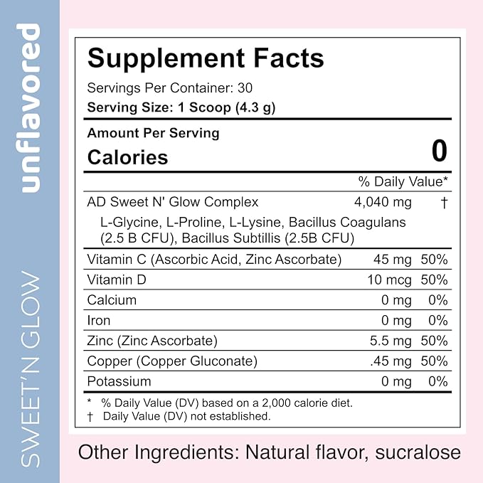 Project Ad Sweet' N Glow Zero Calorie Sugar Free Sweet'Ner with Collagen Building Agents (30 Servings, Unflavored)