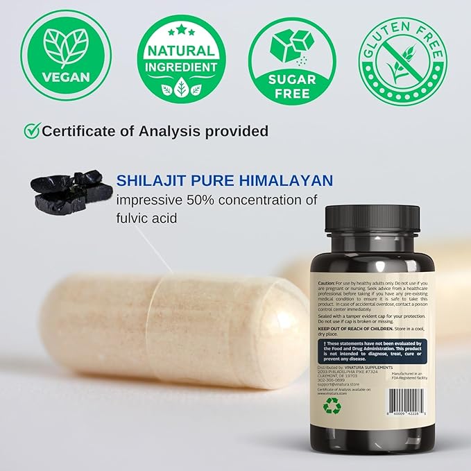 Shilajit for Men and Women - 1000mg Pure Himalayan Shilajit Capsules, standardized to 50% Fulvic Acid - 60 Capsules