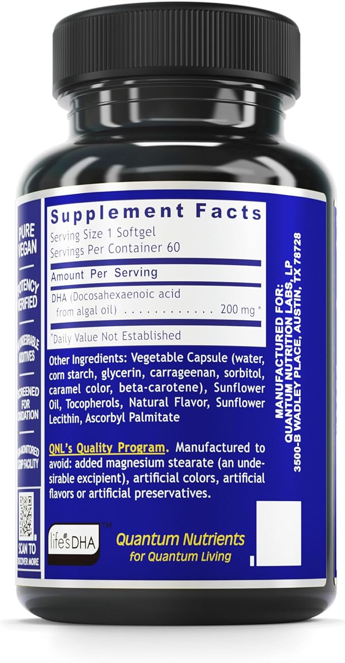 Quantum Nutrition Labs Plant DHA - Non-GMO Vegan DHA with Omega 3 Fatty Acids, Algae Based DHA for Women & Men, Natural DHA Supplement Suitable for Vegans- 60 Vegetarian Softgel Capsules