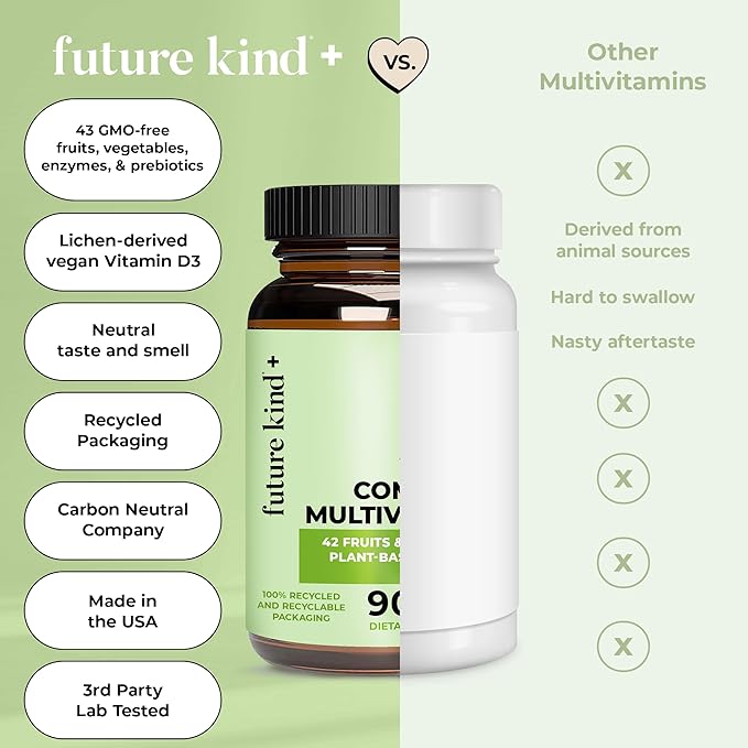 Future Kind Vegan Multivitamins Complete - 42-in-1 Vegan Multivitamins for Women & Men with Enzymes, B12, Zinc, & Probiotics for Digestion (90 tabs in Recycled Bottle)
