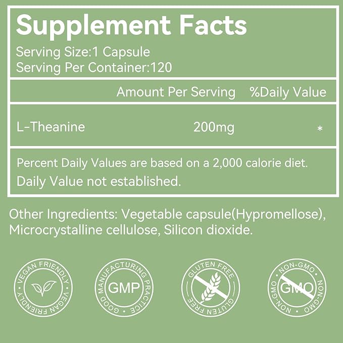 L-Theanine 200mg, Amino Acid Supplement to Support Relaxation, Stress, L Theanine Capsules - Non-GMO, Gluten Free, 120 Veg Capsules