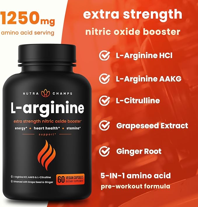 NutraChamps Premium L Arginine Supplement, 5-in-1 Nitric Oxide Supplement, L-Arginine Powder & L Citrulline Enhanced with Grape Seed & Ginger, Energy, Blood Flow, 60 Vegan Capsules