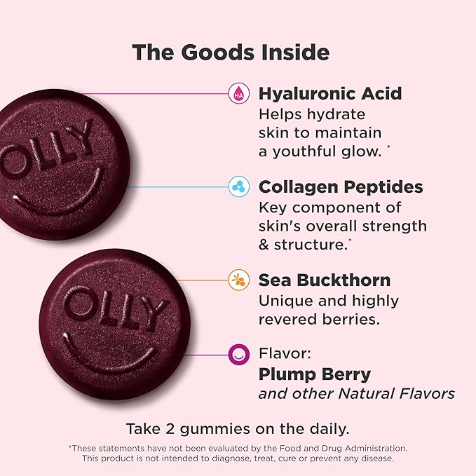OLLY Glowing Skin Collagen Gummy, Hydrated, Youthful Skin, Hyaluronic Acid, Sea Buckthorn, Chewable Supplement, Berry, 25 Day Supply - 50 Count