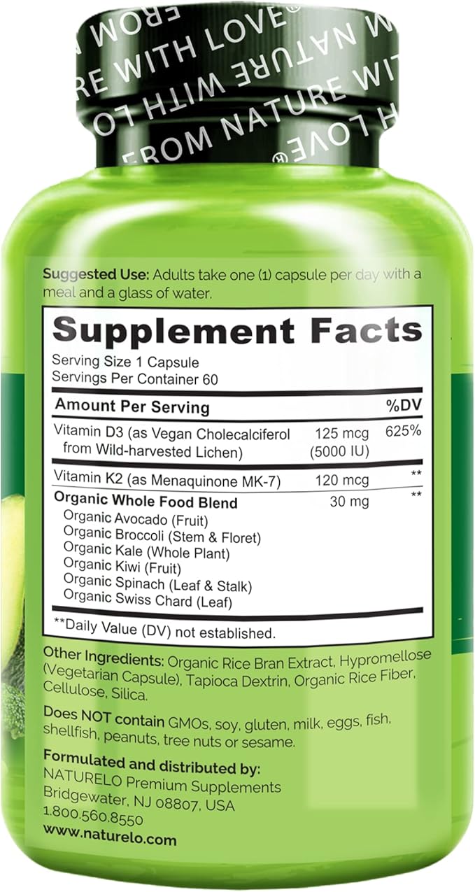 NATURELO Vitamin D3 K2 - Vegan K2+D3 with Plant Based D3 from Lichen - Natural D3 Supplement for Immune System, Bone Support, Heart Health - Whole Food - Non-GMO - Gluten Free, 60 Capsules