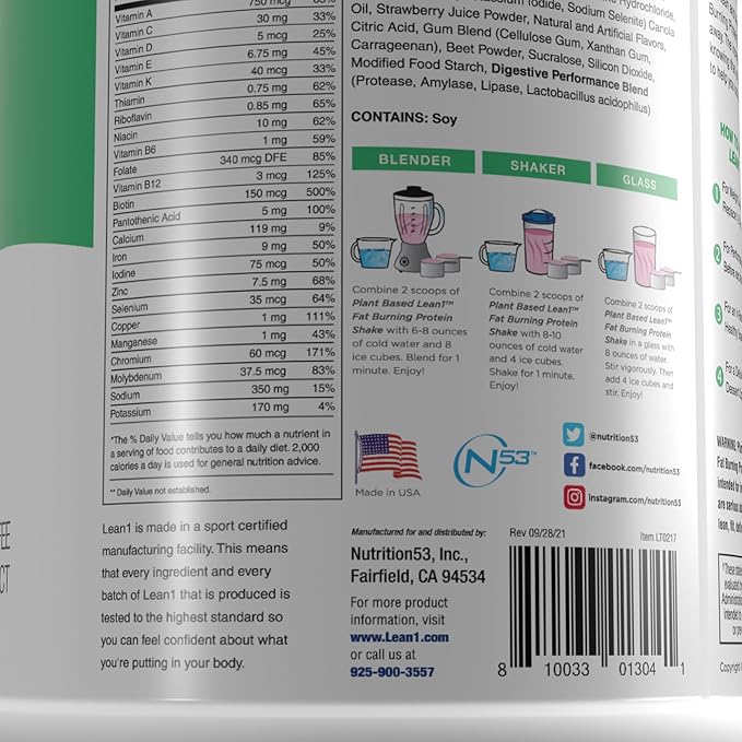 LEAN1 Nutrition53 Meal Replacement Powder for Weight Loss, Fat Burner, Appetite Control, Plant Based Strawberry (28 Ounce)