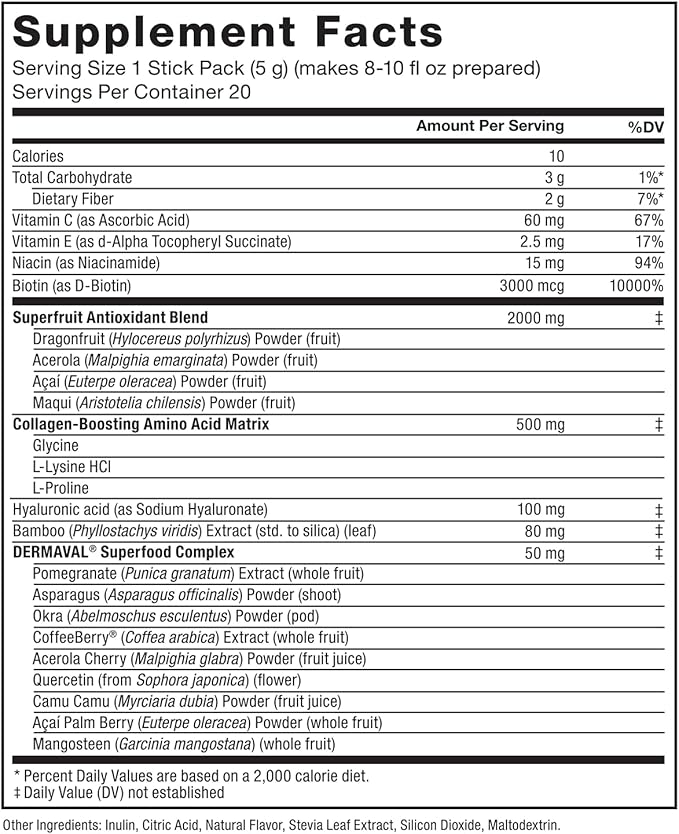 Force Factor Collagen Boosting Superfoods with Biotin, Hyaluronic Acid, Bamboo, and Hair, Skin, and Nails Vitamins, Nail Strengthener and Skin Supplement, Tropical Fruit Flavor, 20 Stick Packs