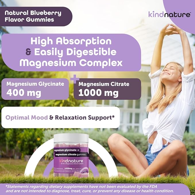 Kind Nature Magnesium Glycinate & Citrate Gummies – Calm Magnesium Complex for Sleep, Stress, Cramps & Digestion – Chewable Vegan Magnesium Supplement for Women, Teens, Adults – 60 Ct