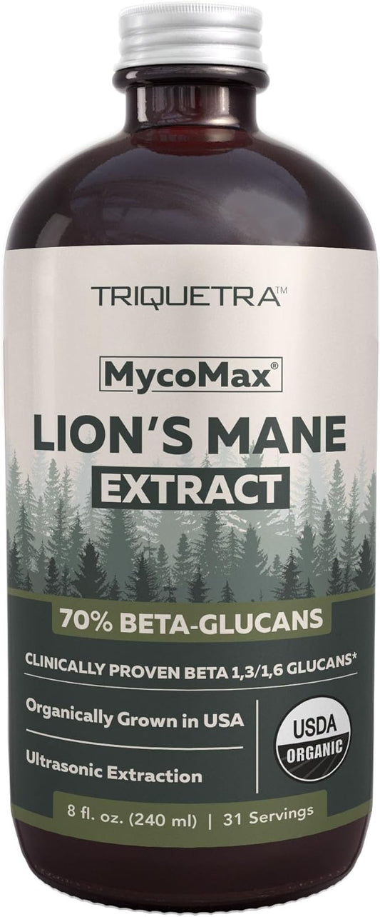 MycoMax Lions Mane Extract - 70% Beta Glucans, Max Potency Organic Lions Mane Supplement, US Grown + Ultrasonic Extraction - 500 mg per serving - Mental Clarity, Focus and Memory - 8 oz.