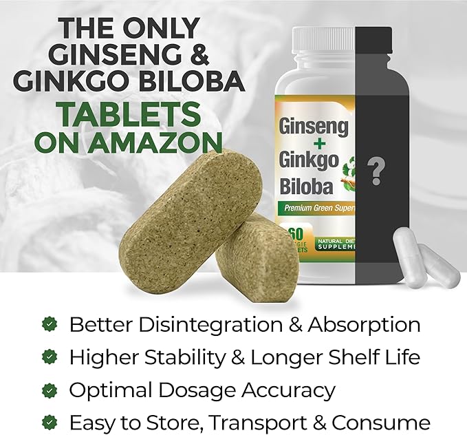 Ginko Biloba & Panax Ginseng Supplement - Red Ginseng Brain Supplement for Memory and Focus - Ginkgo Biloba Supplements for Good Vision, Immune System and Improved Blood Flow - 60 Tablets