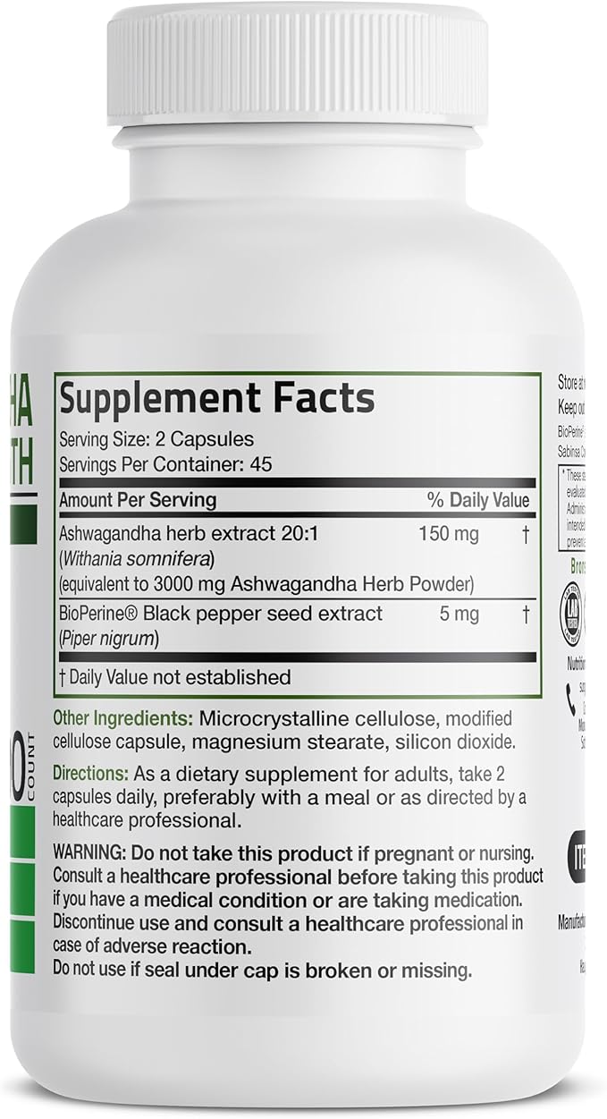 Bronson Ashwagandha Extra Strength Stress & Mood Support with BioPerine - Non GMO Formula, 90 Vegetarian Capsules