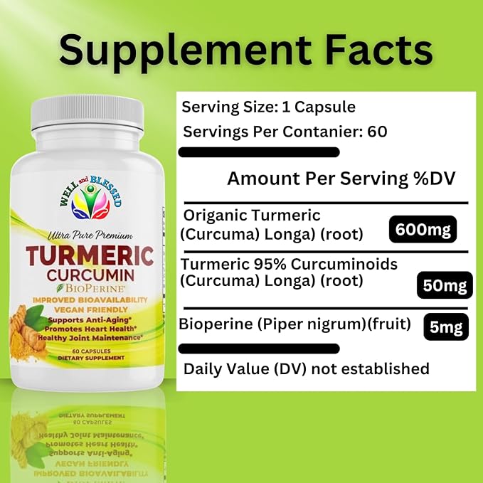 Turmeric Curcumin Supplement with BioPerine - 60 Capsules - Organic Turmeric Root Extract - Vegan Friendly, Enhanced Absorption, Daily Joint and Heart Support