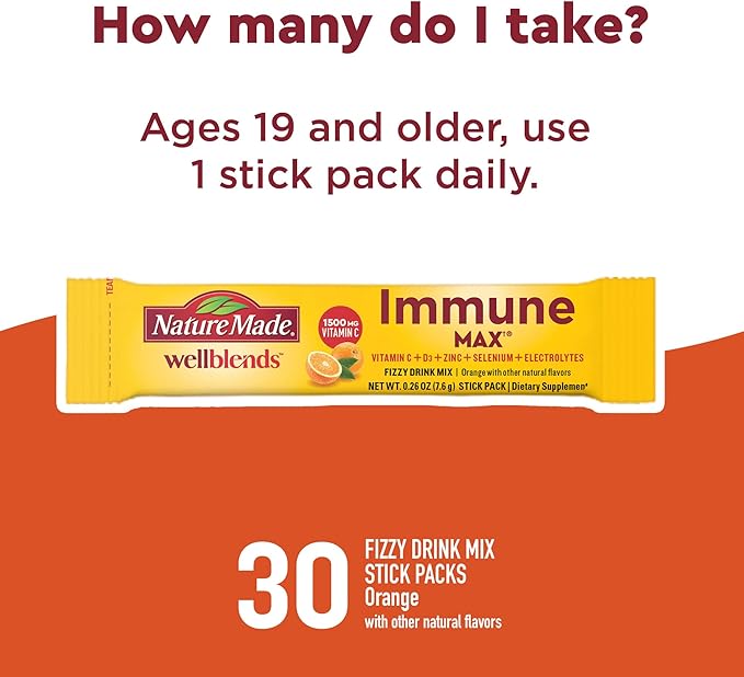 Nature Made Wellblends ImmuneMAX Fizzy Drink Mix, Vitamin C 1500mg, Zinc 15 mg, Vitamin D3 1000 IU (25 mcg), plus B Vitamins and Electrolytes Hydration Blend, 30 Stick Packs