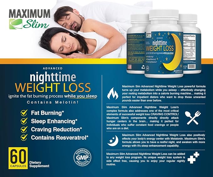 Maximum Slim Advanced Nighttime (Fat Burning) Weight Loss with African Mango, Green Tea, Resveratrol, and Maqui Berry,Will Help You Lose Weight While Sleeping and Maintain Sleep, 60 Count