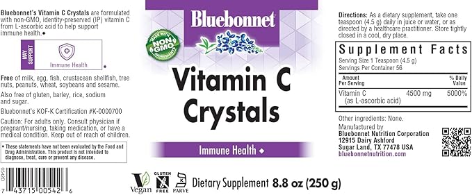 Bluebonnet Nutrition Vitamin C Crystals, for Immune Health, for Antioxidant Protection, Soy Free, Gluten Free, Non-GMO, Kosher, Dairy Free, Vegan, Powder, 8.8 oz (250 g)