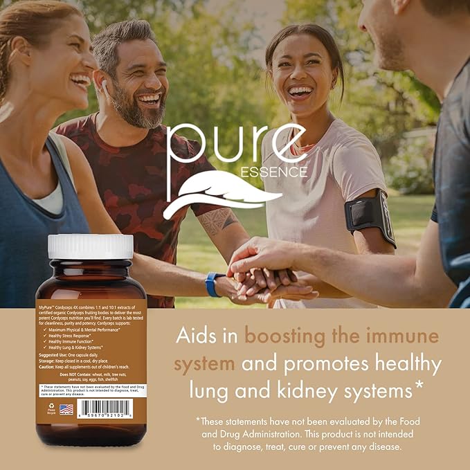 PURE ESSENCE LABS MyPure Cordyceps 4X Mushrooms - Concentrated Cordyceps Mushroom Powder Supplements for Immune System, Stress Response, Physical & Mental Performance - 2 Months Supply