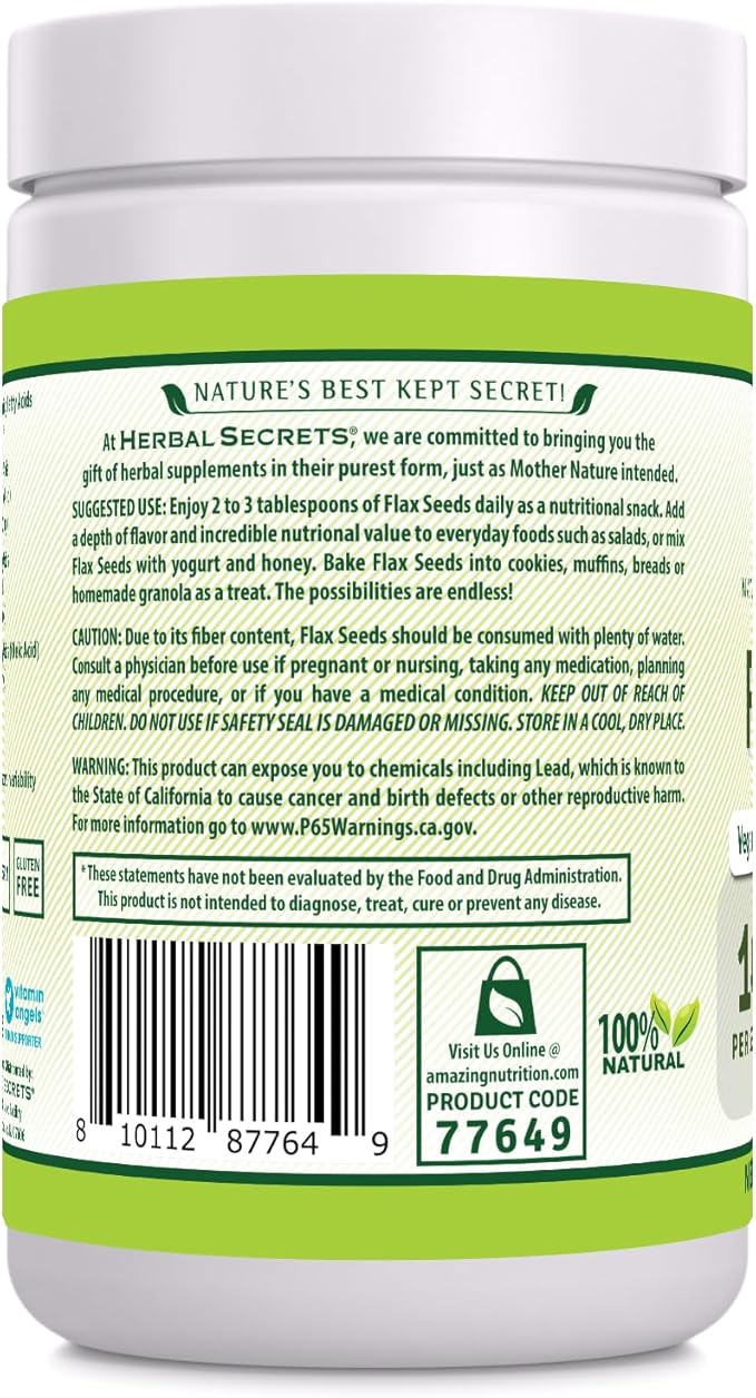 Herbal Secrets Organic Whole Flax Seeds Supplement | 454 G | 14 G Per Serving | Raw Vegan | Non-GMO | Gluten-Free | Made in USA