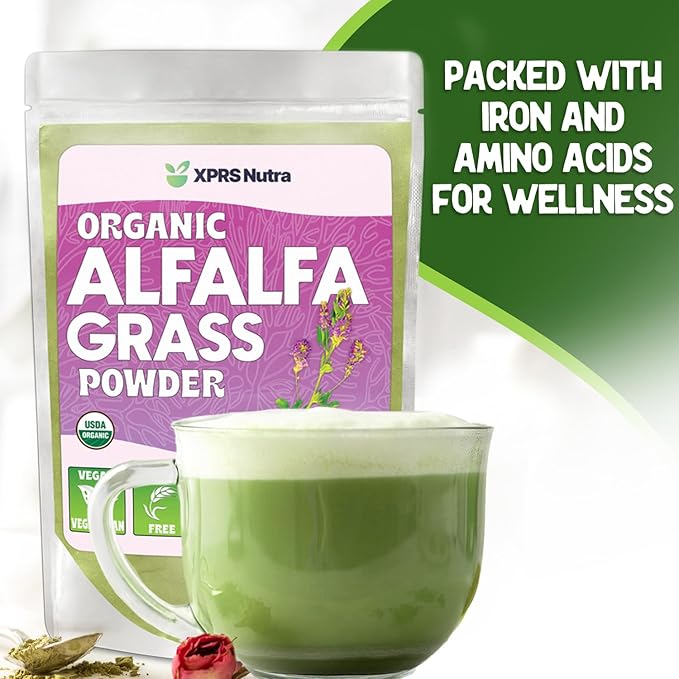 XPRS Nutra Organic Alfalfa Powder - Premium Vegan Alfalfa Supplement Rich in Calcium, Antioxidants, Vitamins - Farmer Alfalfa Supplement for Kids and Adults - Vegan Friendly Alfalfa Leaf (8 Ounce)