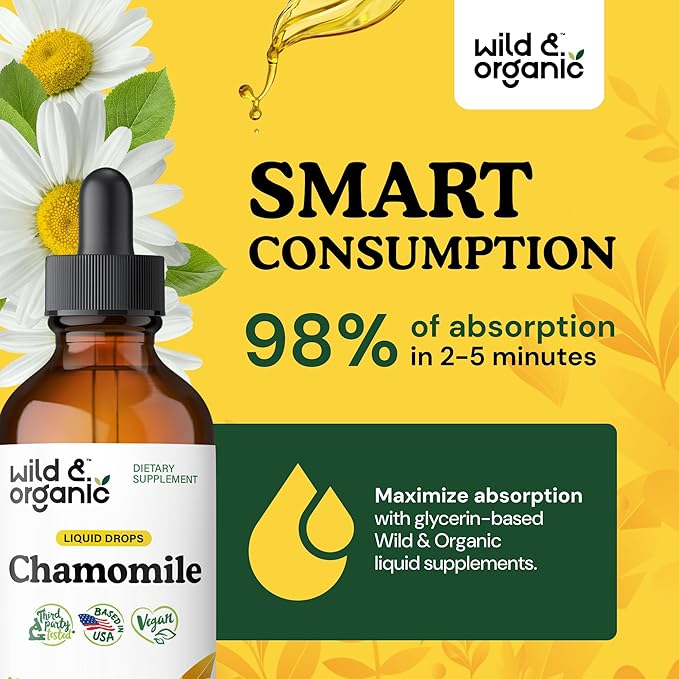 Wild & Organic Chamomile Flowers Tincture - Calming Supplement for Relaxation - Chamomile Extract Liquid Drops - Vegan, Sugar & Alcohol-Free - 4 fl oz