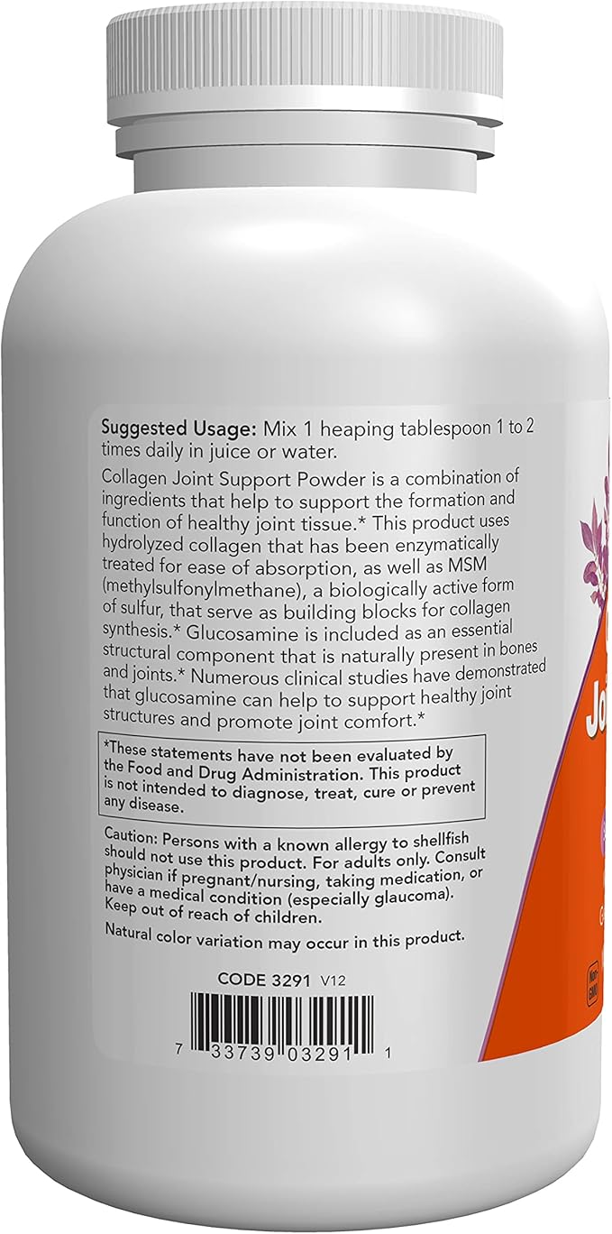 NOW Foods Supplements, Collagen Joint Support™ Powder with Beef Gelatin, Glucosamine Sulfate and MSM, 11-Ounce