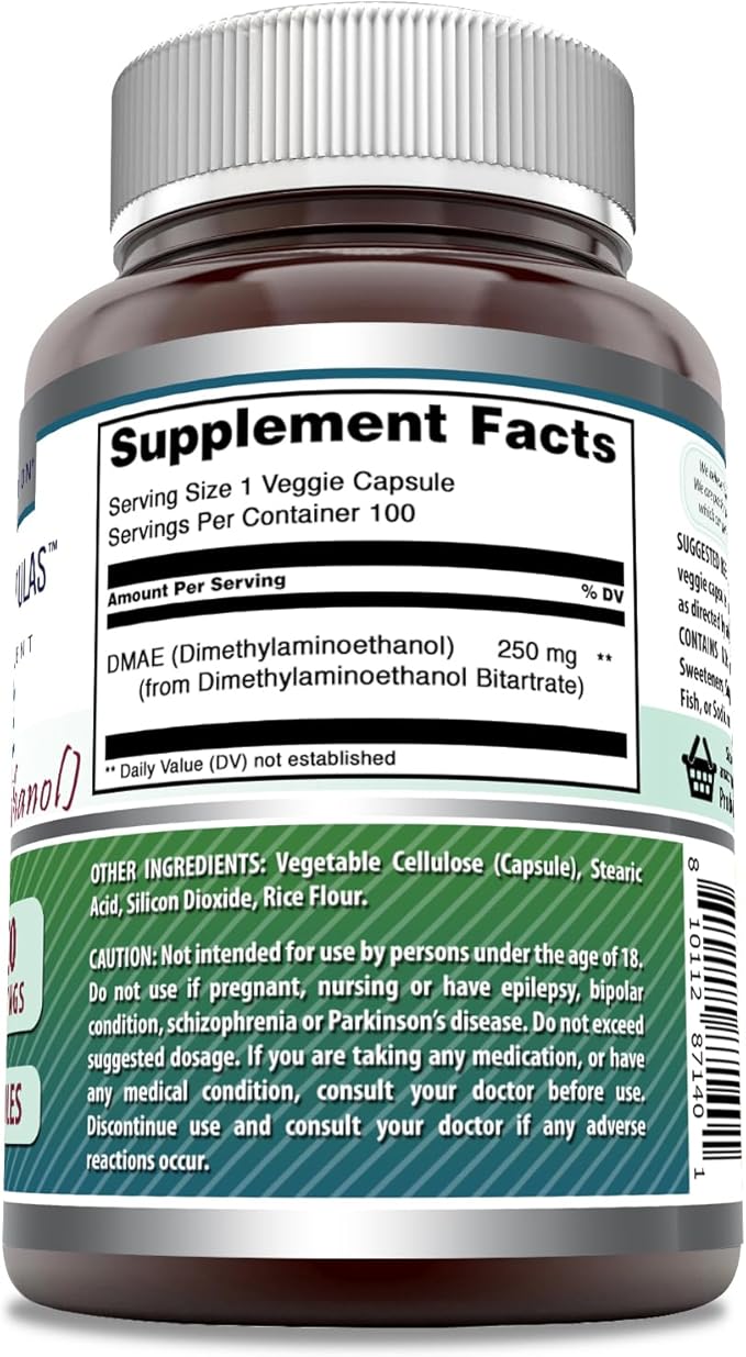 Amazing Formulas DMAE Supplement | 250 Mg Per Serving | 200 Veggie Capsules | Non-GMO | Gluten Free | Made in USA