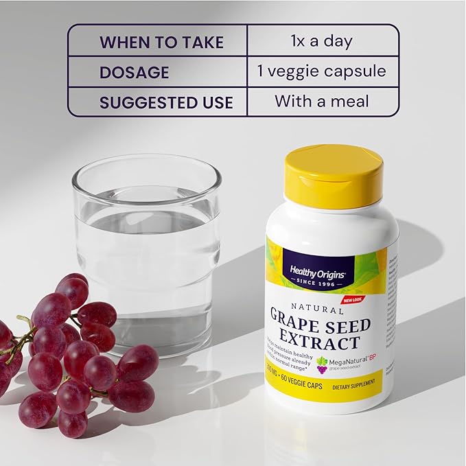 Healthy Origins Grape Seed Extract 300 mg (MegaNatural BP, Non-GMO, California-Grown, Gluten Free, Supports Healthy Blood Pressure), 60 Veggie Caps