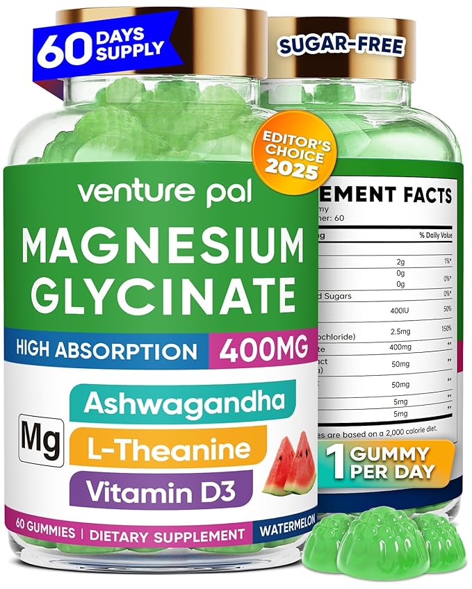 Venture Pal 60 Day Supply Magnesium Glycinate Gummies with Ashwagandha for Adults and Kids, L-Theanine, CoQ10, Sugar Free Magnesium Supplement 400mg for Calm Mood & Sleep, Gluten-Free & Vegan