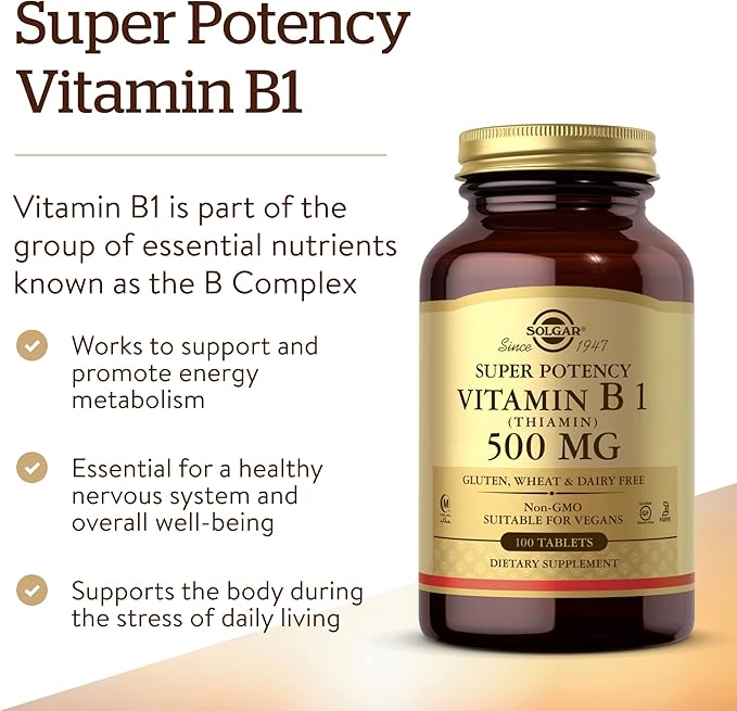 Solgar Vitamin B1 (Thiamin) 500 mg, 100 Tablets - Energy Metabolism, Healthy Nervous System, Overall Well-Being - Super Potency - Non-GMO, Vegan, Gluten Free, Dairy Free - 100 Servings